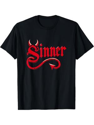 Gothic Red Devil Sinner Print TShirt Couple ShortSleeve Black TShirt with Bold Stylized Font and Curly Devil Tail Design
