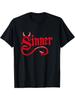 Gothic Red Devil Sinner Print TShirt Couple ShortSleeve Black TShirt with Bold Stylized Font and Curly Devil Tail Design