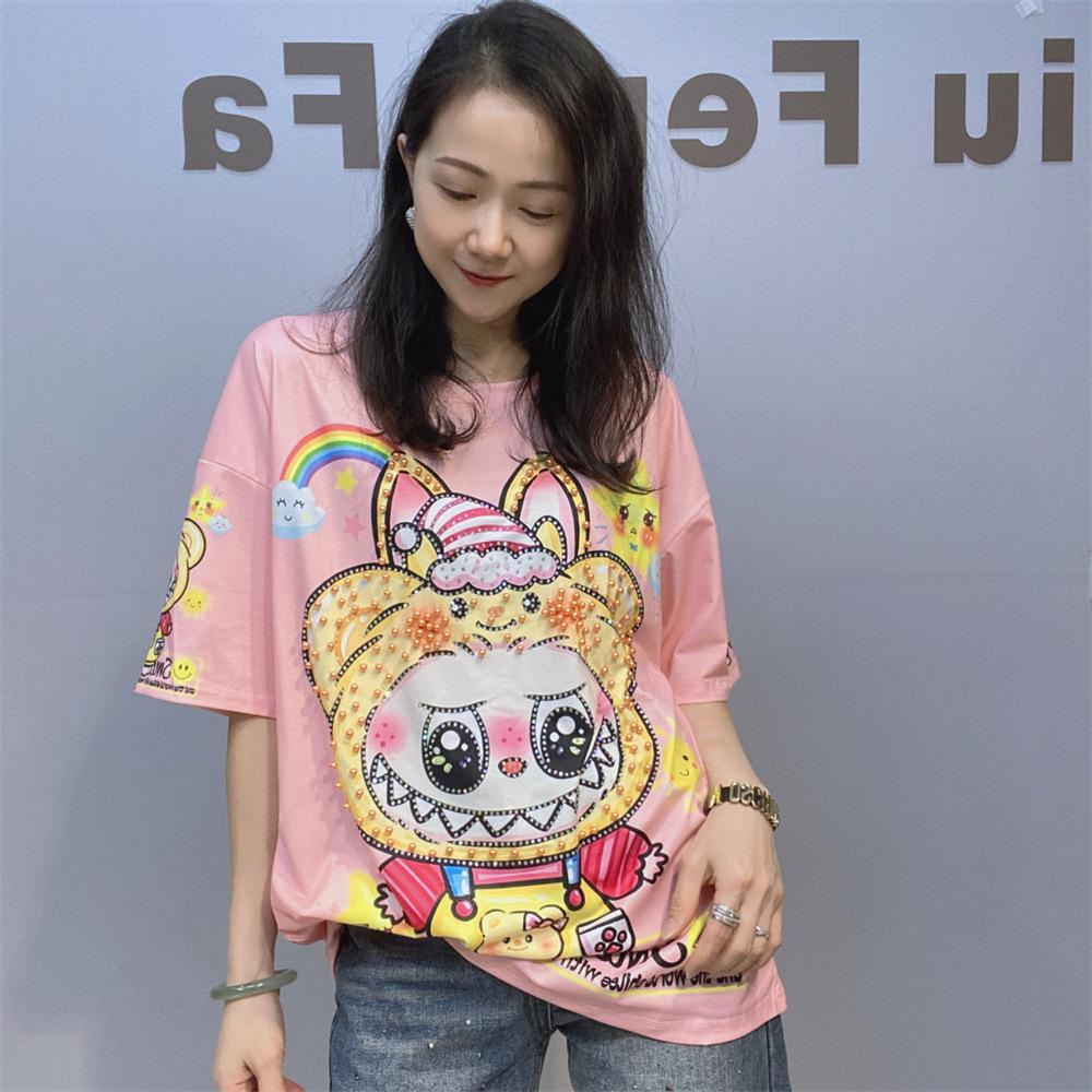 

Женские футболки с коротким рукавом больших размеров, летняя одежда, вышитые расклешенные рукава, мультяшный принт с бриллиантами, повседневный свободный трикотаж с круглым вырезом One size розовый