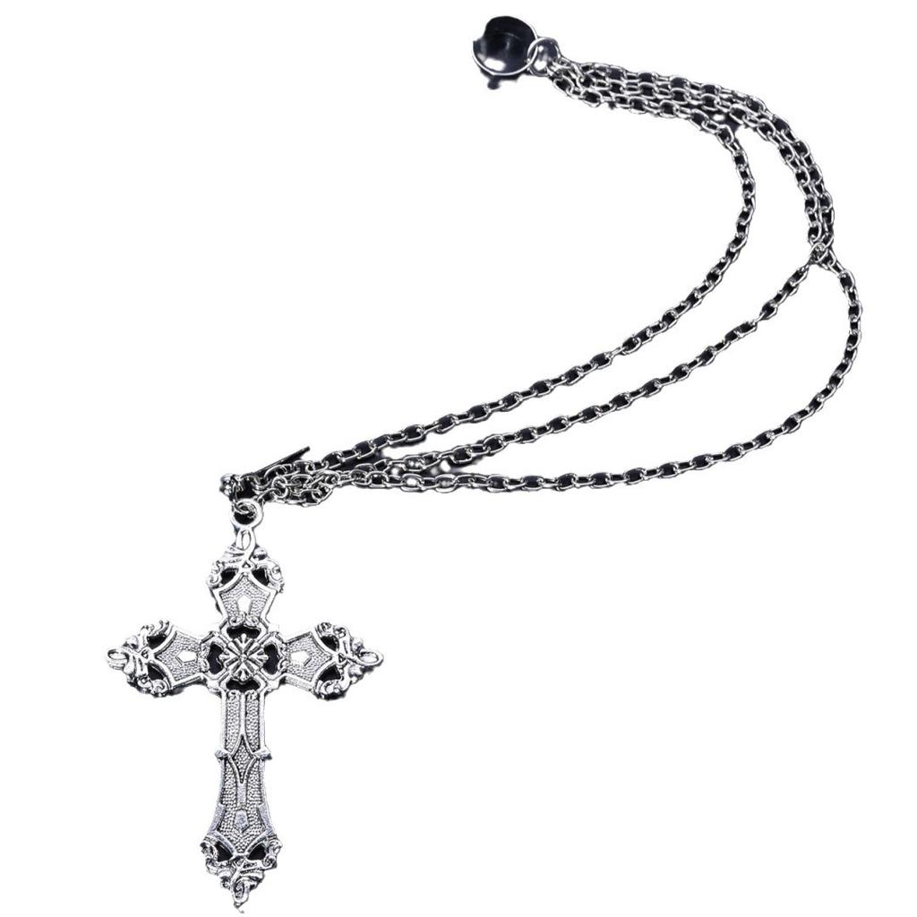 1011 New Vintage Gothic Punk Style Inlaid Jewel Cross Pendant Necklace Long Earring Clip