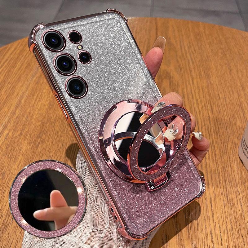 Glitter Soft Silicone Case for Samsung Galaxy S26 Ultra S25 S24 S23 S22 Plus A17 A37 A57 A36 A56 A55 A54 Mirror Stand Lens Protect Shockproof Cover