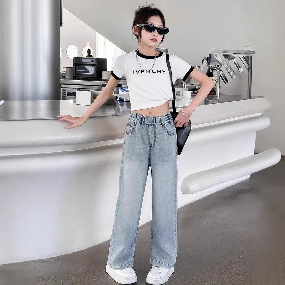 Girls' Pants Summer Clothes Girls' Fashionable and Stylish Straight Leg Children's Jeans Summer Thin Pants