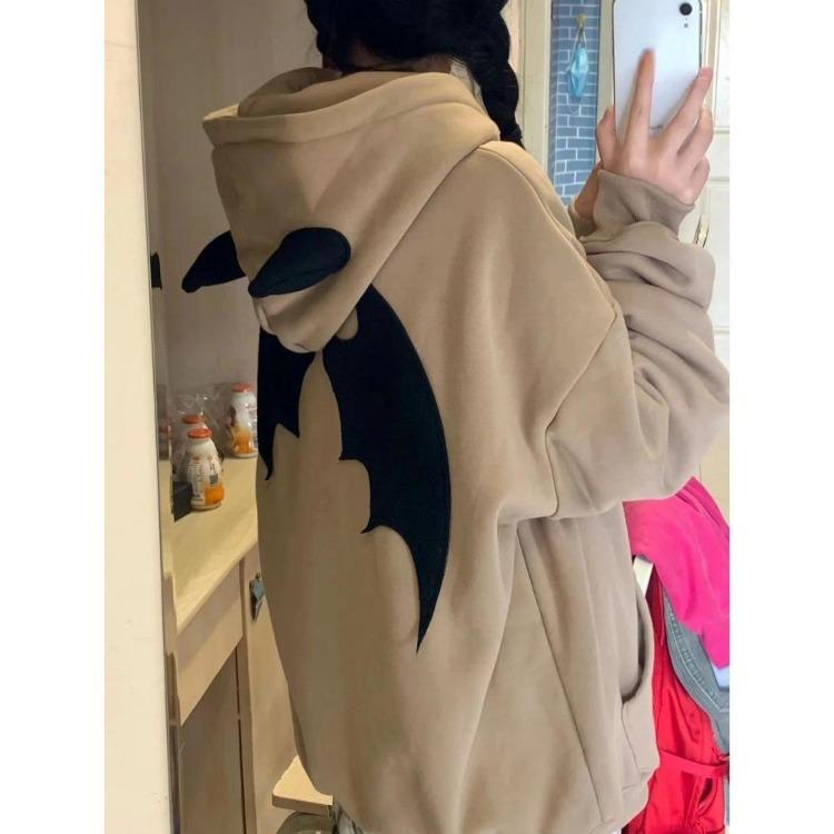 Women Gothic Embroidered Zip Up Hoodie Casual Loose Long Sleeve Sweatshirt Retro Couple Fashion Devil Hooded Autumn Winter