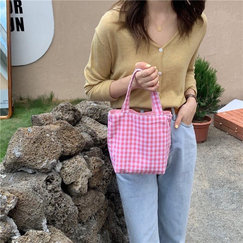 Versatile Double-sided Checkered Canvas Bag Stylish Handheld Tote For Students
