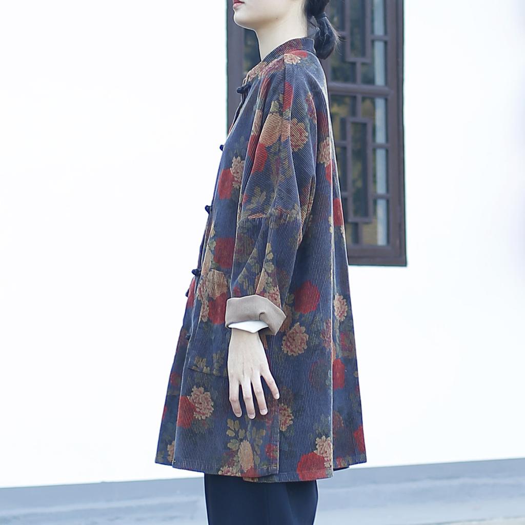 Johnature Women Vintage Corduroy Jackets Print Floral Long Sleeve Coats Spring Button Pockets Chinese Style Jackets