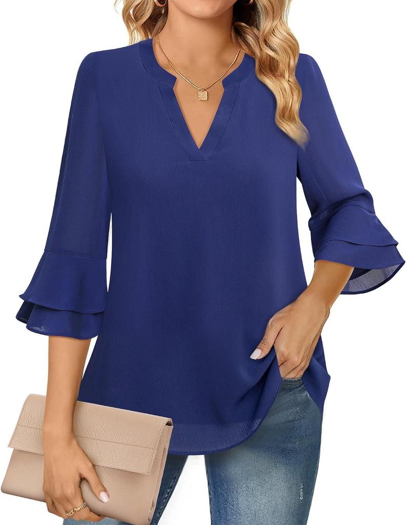 Women's Fashion Casual Seven Points Flared Sleeve Double Layer Chiffon Drawstring Solid Colour V-Neck Top