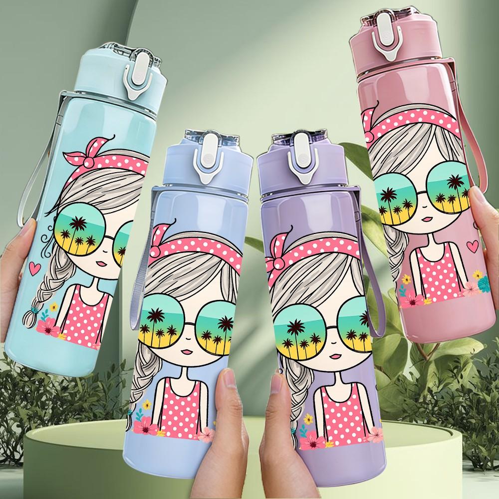 1PC Girl Wearing Glasses Pink Hairband Print 750ml Color Plastic Sports Water Bottle Leakproof Flip Straw Lid Suitable for Sports Office Home Use