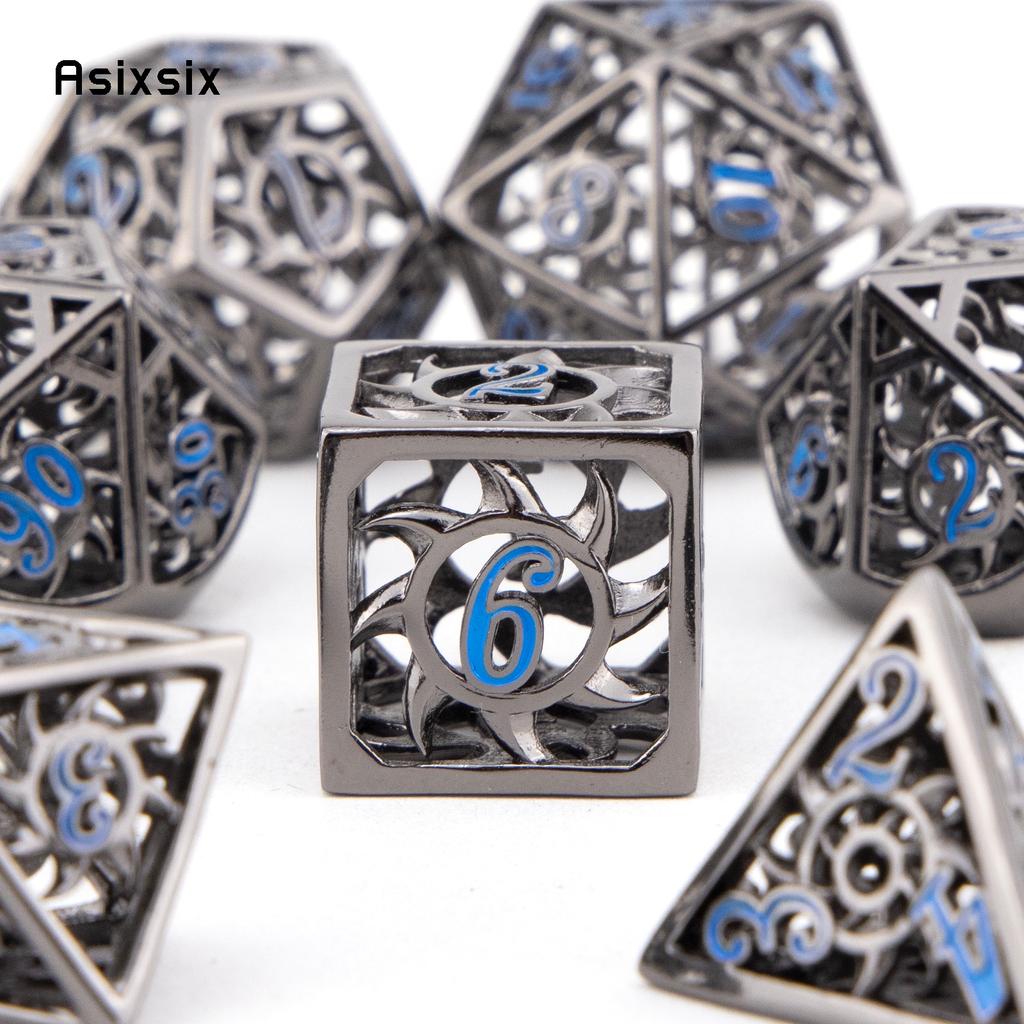 7 bucăți, negru, albastru, rotativ, zaruri metalice, zaruri metalice poliedrice goale, potrivite pentru jocuri de rol RPG, jocuri de cărți
