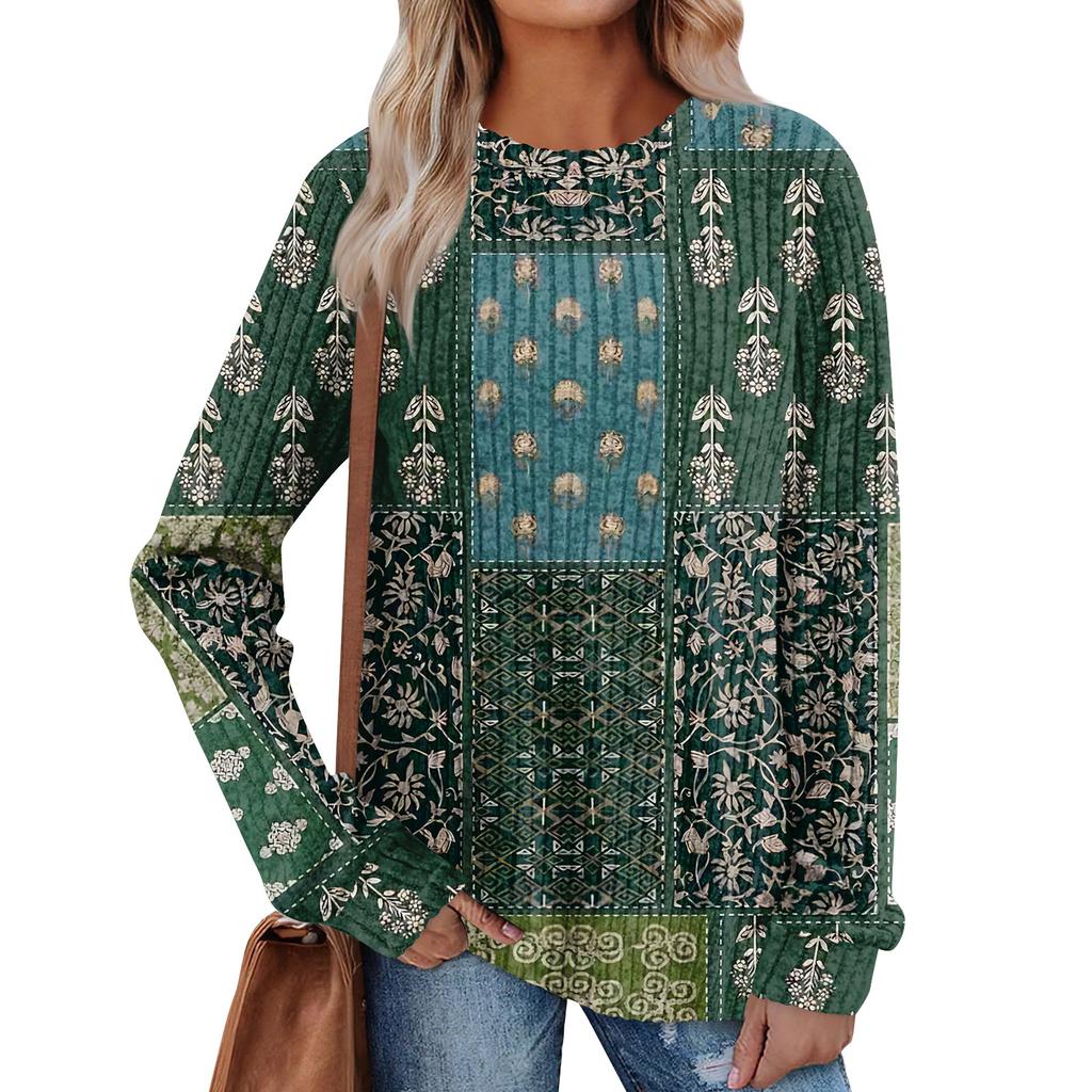 Women's Printed Lightweight Brushed-Cotton Round Neck Top