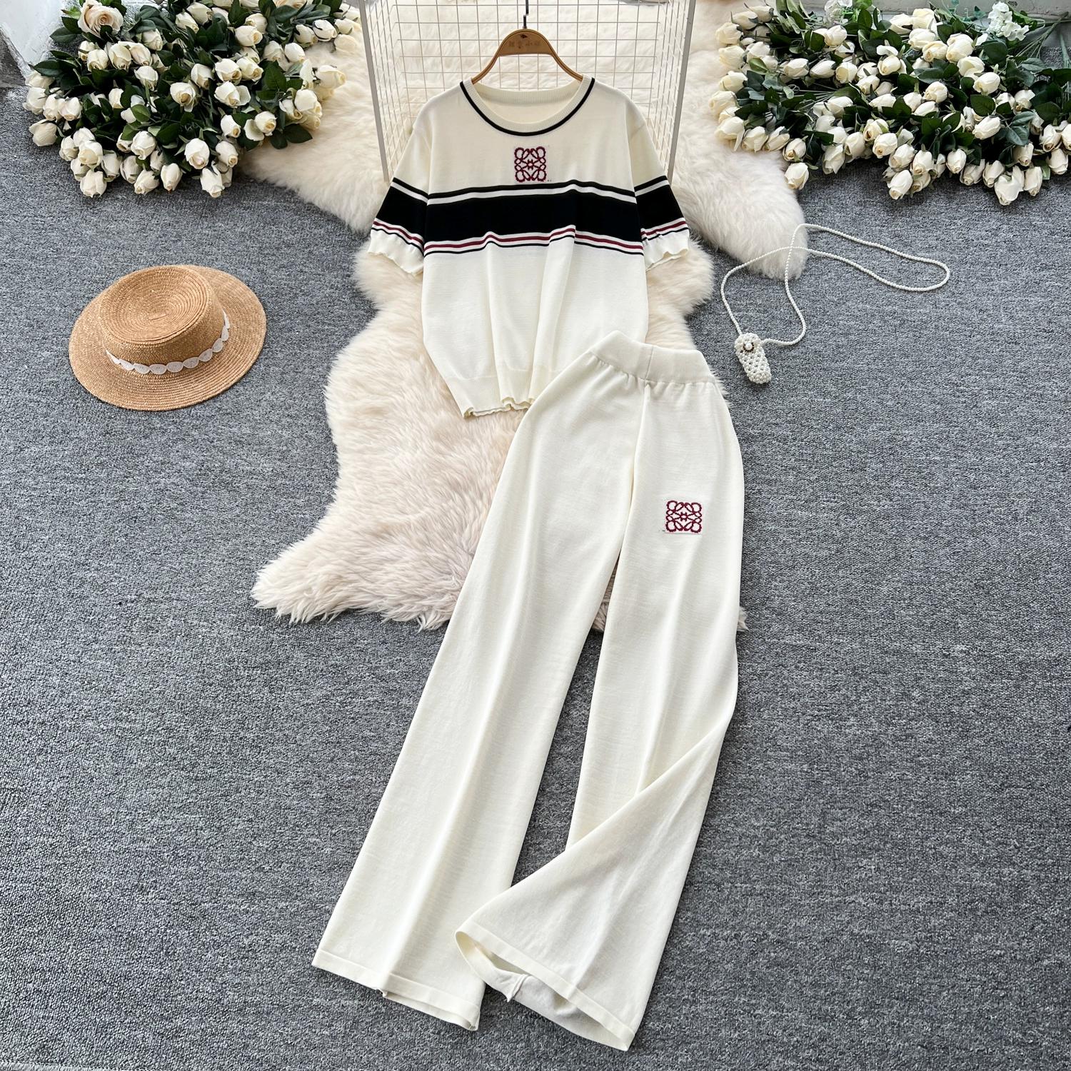 

Летний женский трикотажный свитер, брюки, комплект из двух предметов, короткий рукав, О-образный вырез, пуловер, топ и широкие брюки One Size абрикосовый