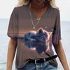 Summer Funny Cute Cat 3D Printed Women's T-Shirts Casual V-neck Short Sleeve Tops Fashion Loose Ladies Clothing SStreet Girl Tees