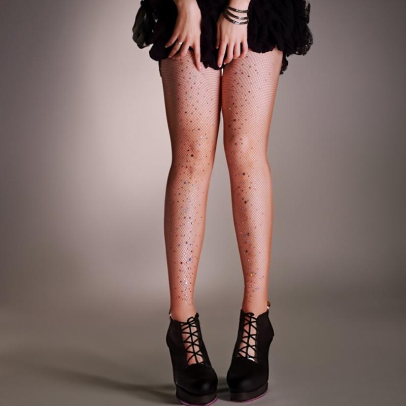 Sexy Sparkly Fishnets Stockings Colorful Jeweled High Waist Fishnet Tights for Women Rhinestones Party Pantyhose