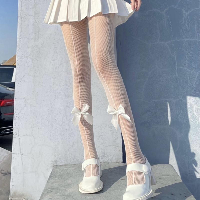 

Doiaeskv Sexy Women Fishnet Tight Vintage Nylon Bowknot Stockings Japanese Kawaii Pantyhose Girls Lovely Black White Mesh Tights S-L