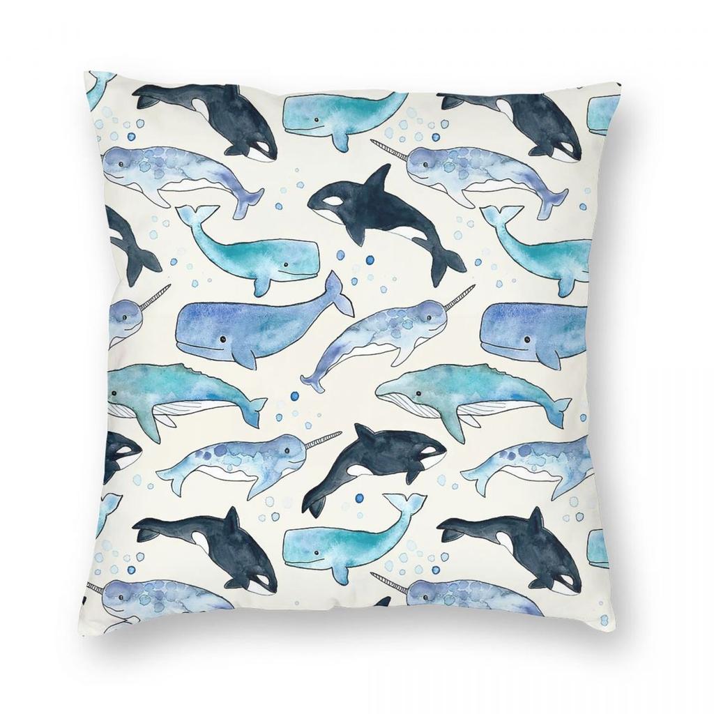 Whales Orcas & Narwhals Square Pillowcase Polyester Linen Velvet Creative Zip Decorative Pillow Case Room Cushion Cover
