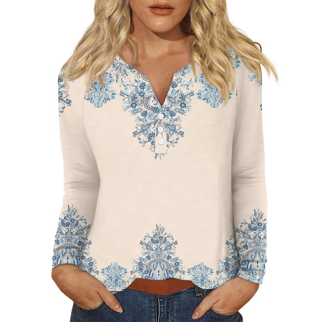 Women's Fashion Casual Printed V-neck Long Sleeve Button Up T-shirt Top
