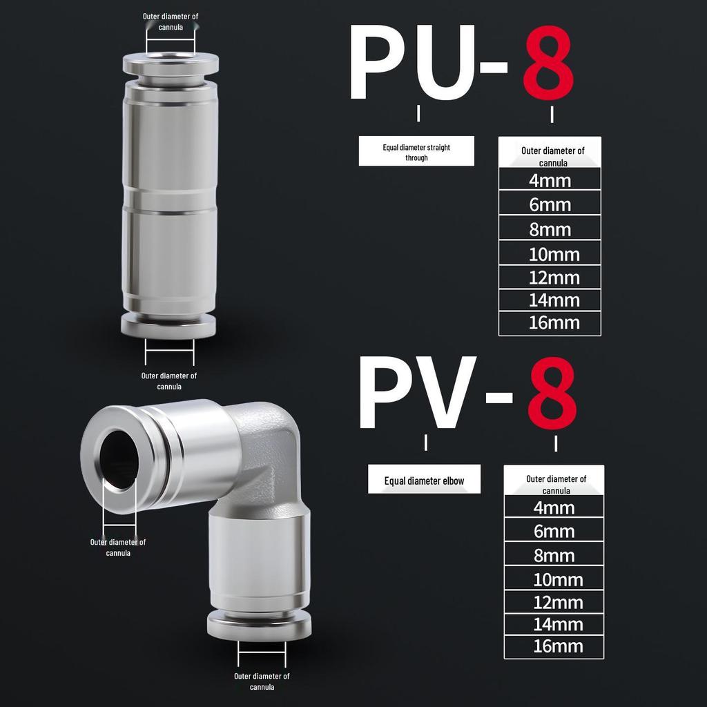 304 Stainless Steel PU L-Type Elbow Air Connector, Quick Connect PG Reducing, Sizes PV4-20.