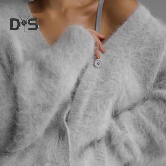 Pullovermantel für Damen, V-Ausschnitt, lange Ärmel, einfarbig, einreihig, Strickpullover, lockere Passform, warme Strickjacke