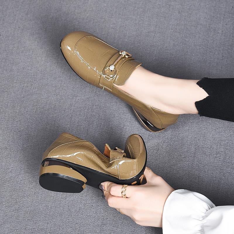 Large size women's shoes wide and fat feet - soft leather single shoes soft leather soft sole loafers thick heel low heel small leather shoes spring
