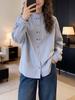 Women's Blue Double-Breasted Long-Sleeve Shirt - Spring/Autumn 2026 New Design, Loose Fit, Slimming Top