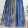 Rainbow Gradient Pleated A-Line Midi Skirt - High Waist, Fairy-Style for Spring & Autumn