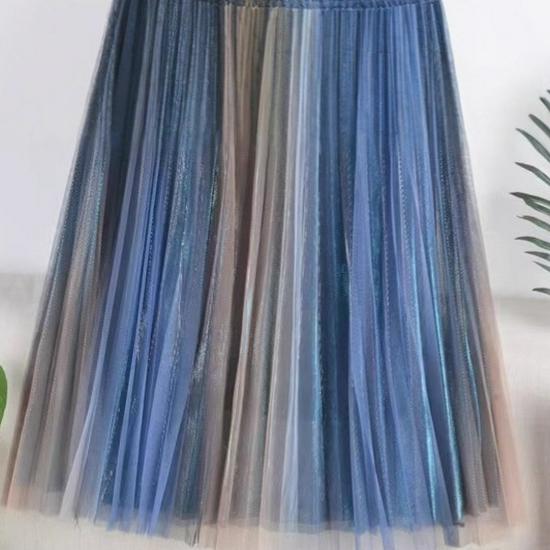 Rainbow Gradient Pleated A-Line Midi Skirt - High Waist, Fairy-Style for Spring & Autumn