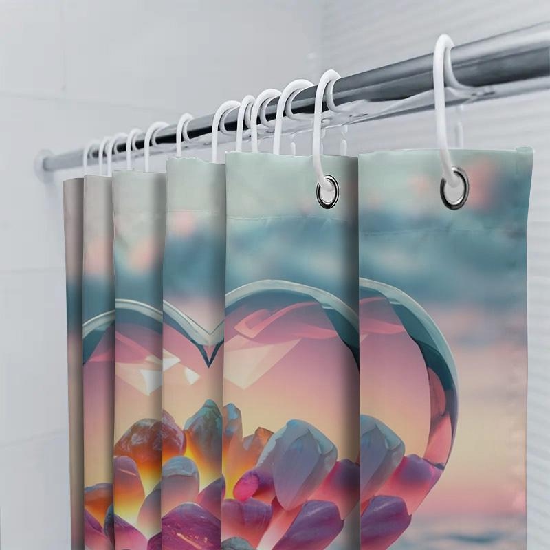 3D Crystal Heart Shower Curtain | Romantic Beach Sunset Bathroom Decor