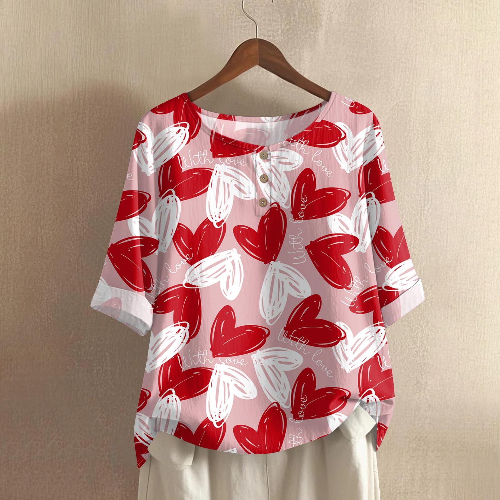 

Women s Casual Mid,Sleeve Round Neck Valentine s Day Print Cotton,Linen Blend Top M червоний