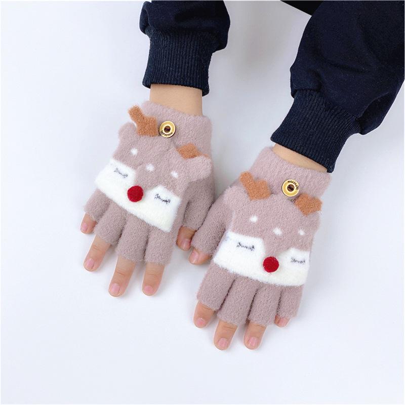 Children's Winter Warm Reindeer Flip-top Fingerless Gloves for Ages 4-10