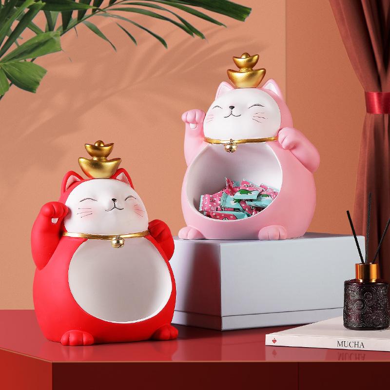 Creative Cartoon Key Storage Fortune Cat Ornaments Living Room Entrance Desktop Opening Gift Home Resin Decoration
