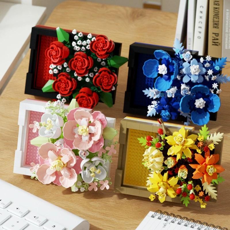 DIY 3D Famous Rose Hibiscus Eternal Immortal Flowers Painting Frame Art Easel Exhibition Building Blocks Model Bricks Sets Toy