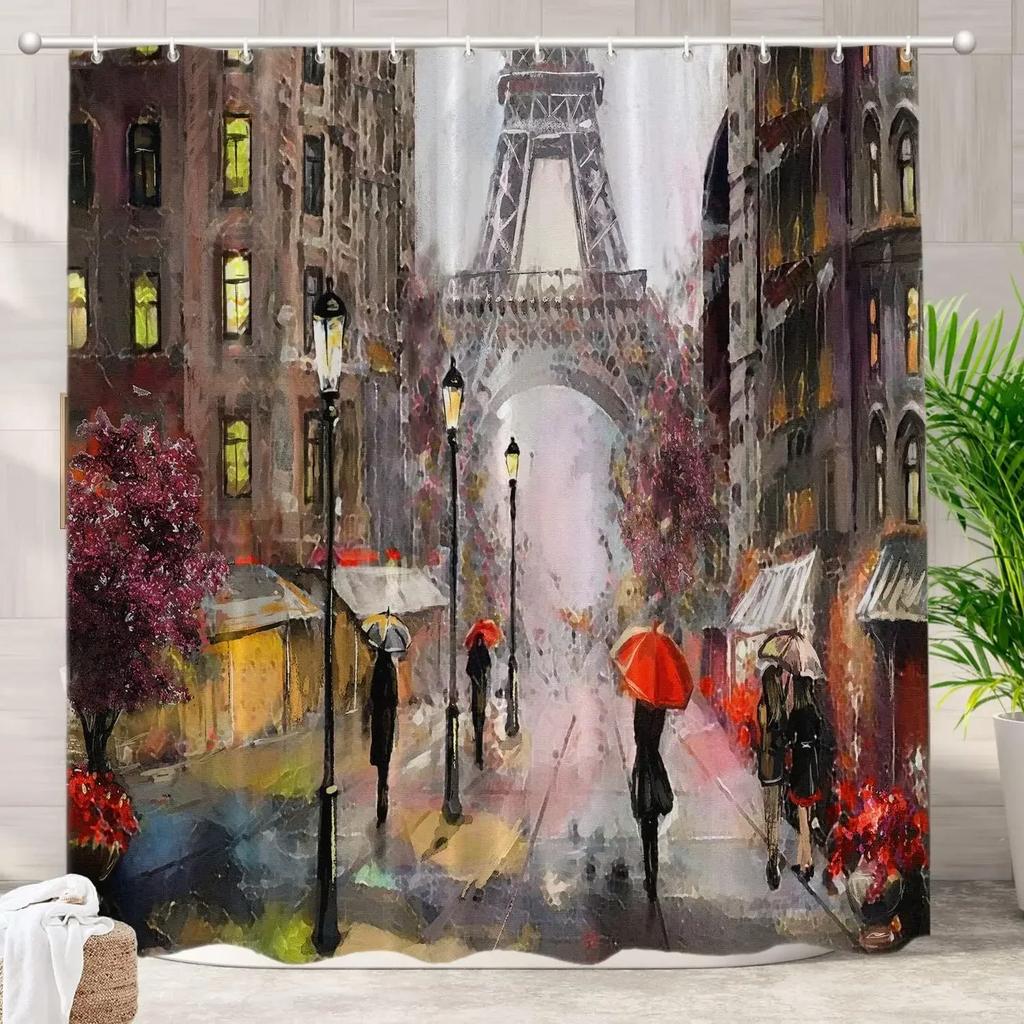 Rideau de douche décoratif Château moderne rouge Tour Eiffel Fleur de cerisier romantique Neuschwanstein Décor de salle de bain Tissus en polyester