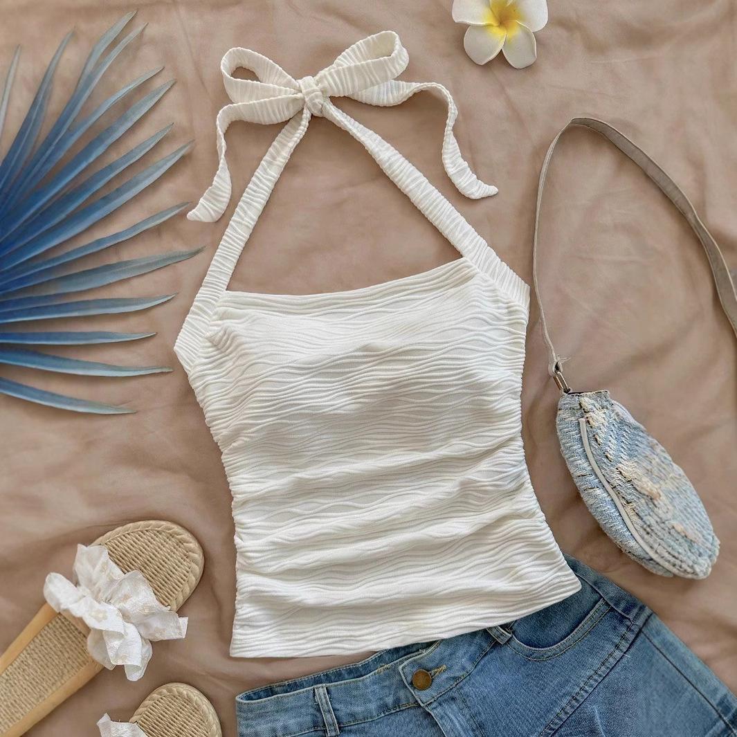 

Женский укороченный топ в отпускном стиле, майка с халтером, короткий топ без рукавов S белый