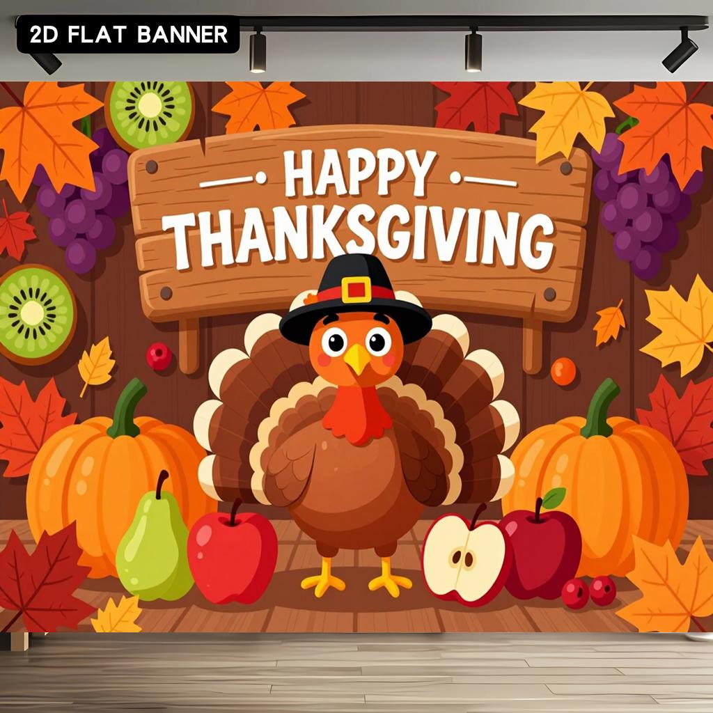 2D Flat Banner 1 Piece - Thanksgiving Autumn Party Background Fabric, Turkey Pumpkin Autumn Harvest Fruitszyc