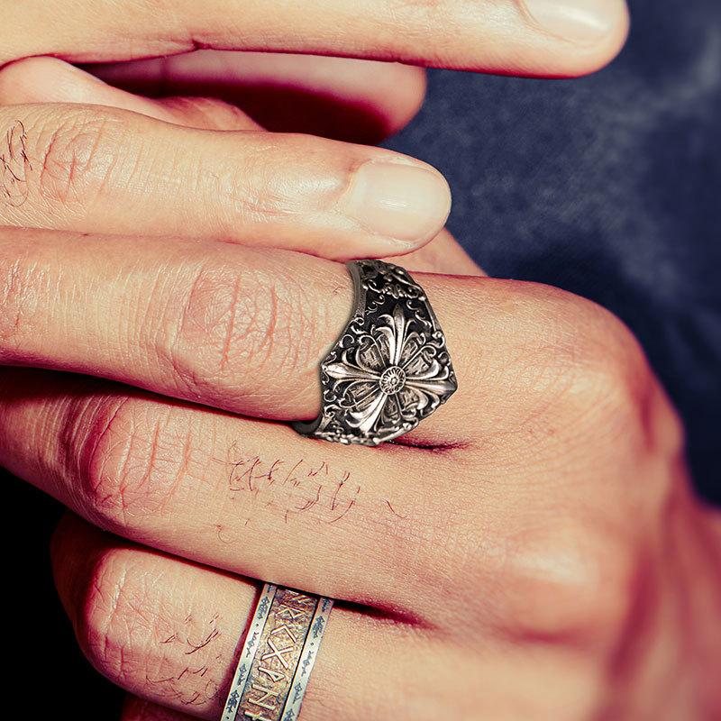 Thai Silver Iris Ring Baroque Engraved Jewelry Single Personality Trendy Man Opening Adjustment Tail Ring