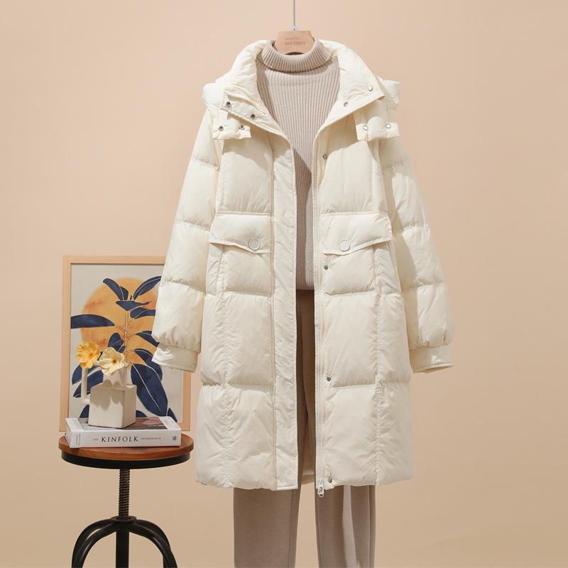 New down jacket women's medium and long fashion foreign style white duck down hooded loose warm winter tide