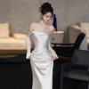 Silver-white One-word Shoulder Slim-fitting Man, Fish Tail Satin Dress, Travel Photography, High-end Temperament, Long-sleeved Bridal Toasting Dress