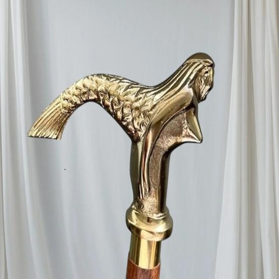 Brass Mermaid Handle Walking Cane Nautical Gentleman Prop Stick Hidden Flask Gift Collectible