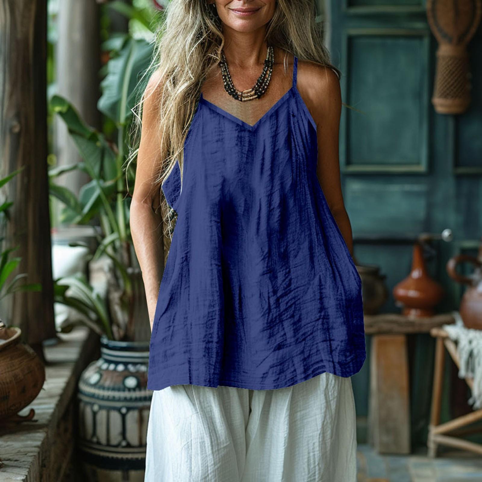 

Женский модный и повседневный топ без рукавов из хлопка и льна L синий