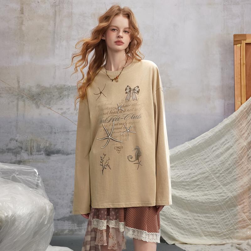 UNIFREE Retro Washed Print Loose Fit Long Sleeve T-Shirt M