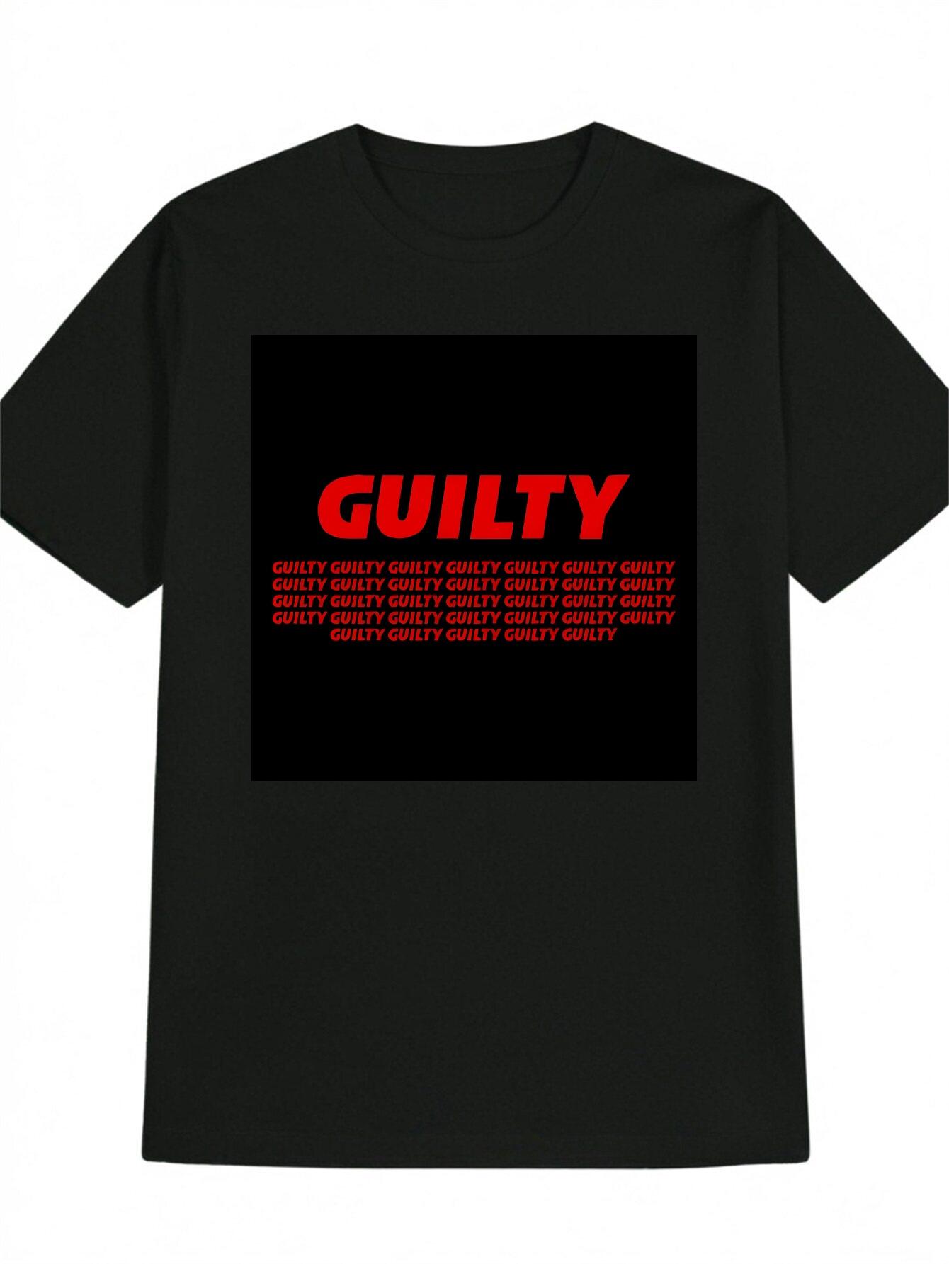 Casual Graphic T-shirt with Bold Red GUILTY Print - Black Round Neck Summer Tee XXL