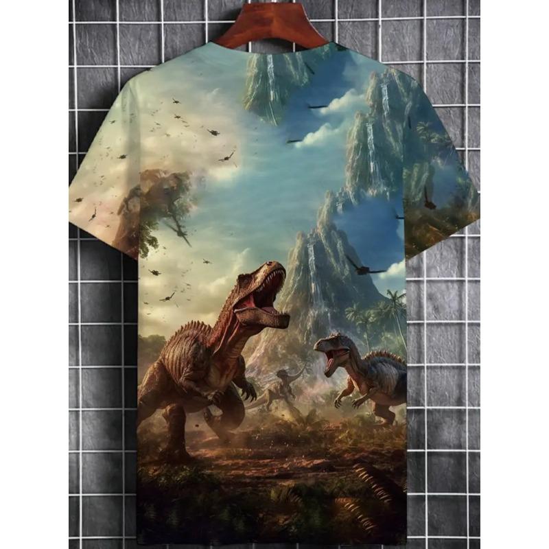 Men's 3D Dinosaur Printed T-shirt Casual Short Sleeved Round Neck Breathable Polyester Fabric Summer Style