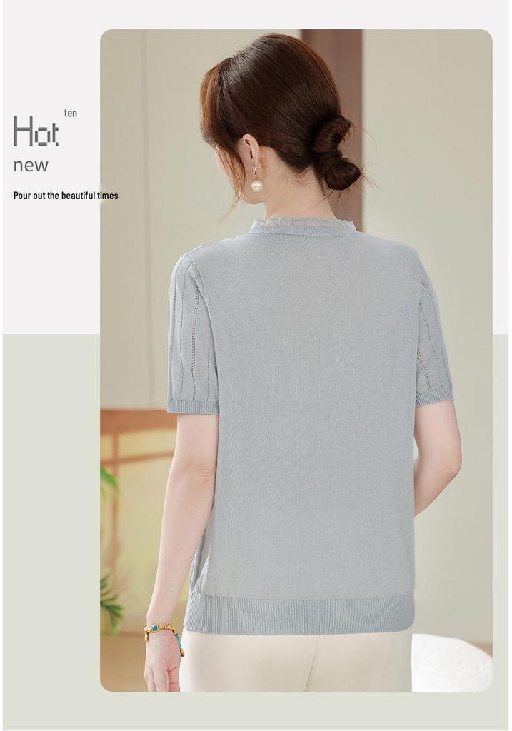 New 2026 Summer Ice Silk V-Neck T-Shirt: Short Sleeve & Loose Fit for Moms, Anti-Aging Top for Middle-Aged & Elderly Women.
