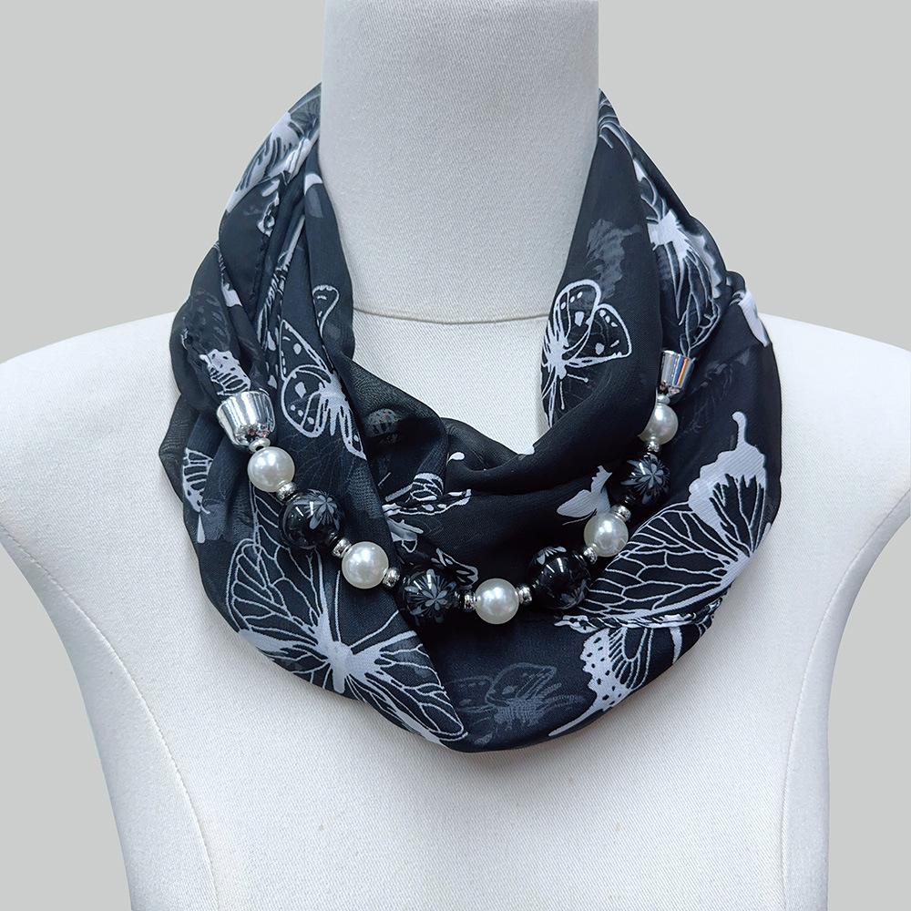 Chic Printed Scarf Necklace with Pearl and Bead Accents – Lightweight Chiffon Infinity Scarf for Women, Fashion Statement Accessory
