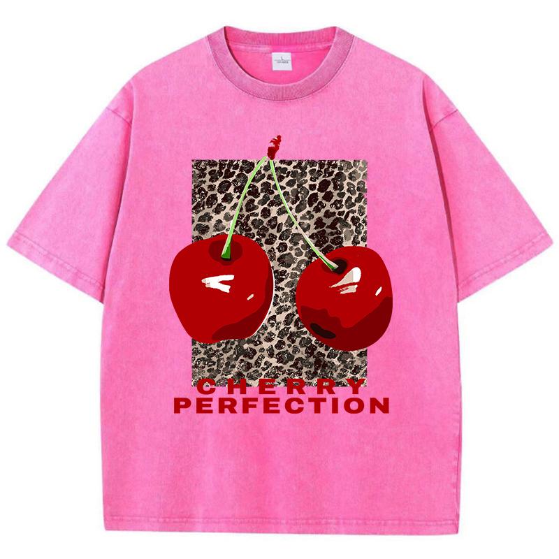 Cherry Perfection Washed T Shirt Women Cotton Leopard Prints Oversize Tops Vintage Black O-Neck T-Shirts Summer Woman Clothes