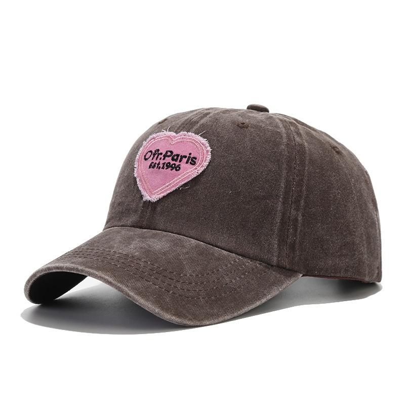 Versatile Cotton Baseball Cap With Embroidered Pink Heart And Round Crown