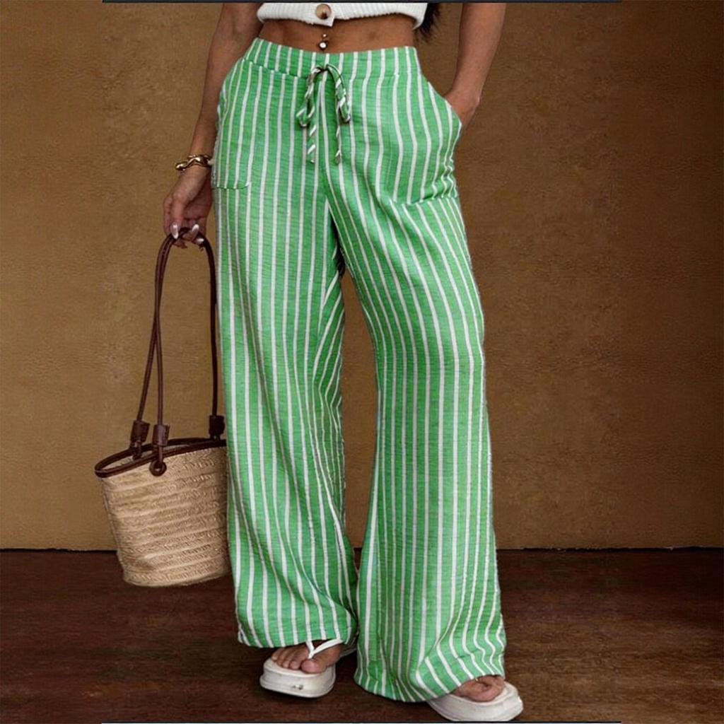 Pantalon Décontracté pour Femme Coupe Ample Jambes Larges Taille à Cordon Motif Rayures Verticales Ceinture Élastique Pantalon Léger Confortable
