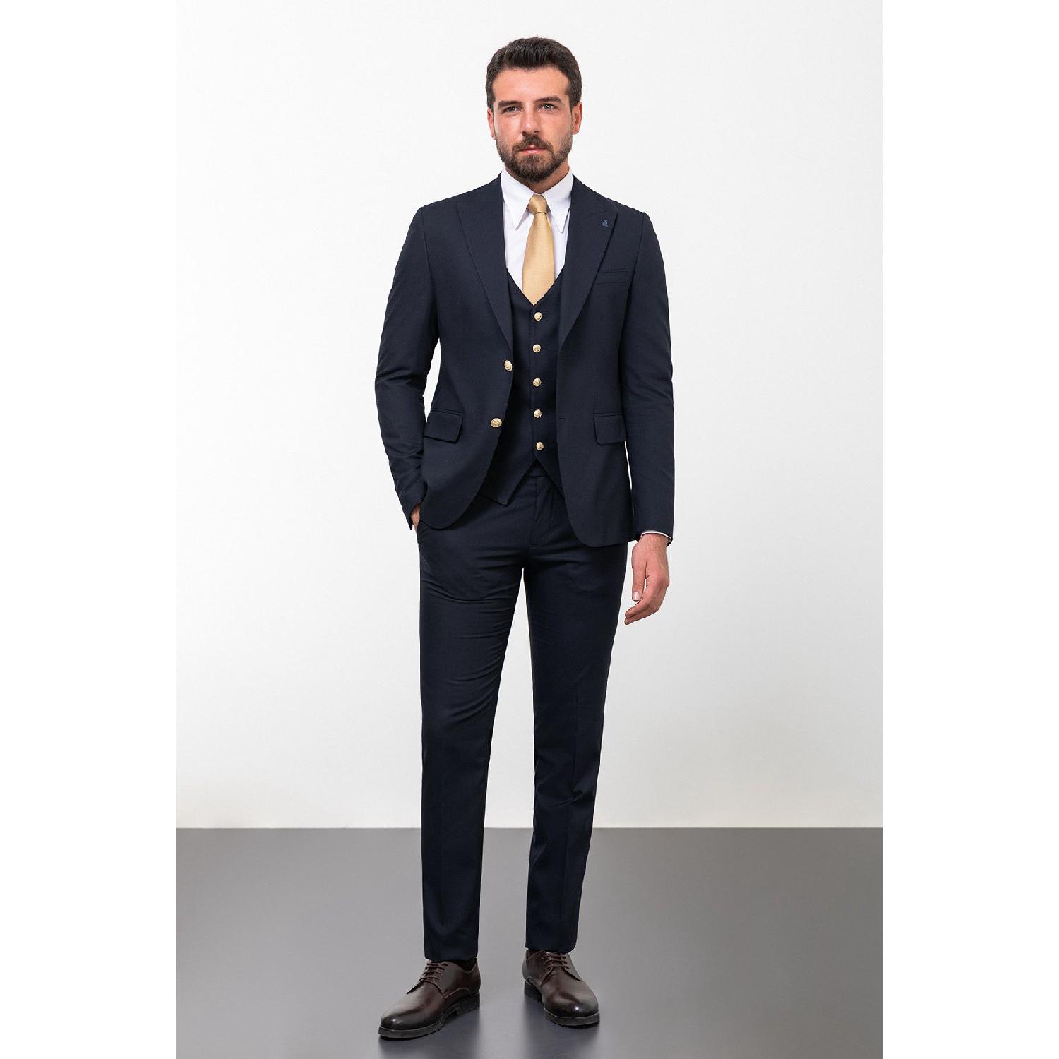 

Plain Navy Blue Color Slim Fit Wide Collar Men s Suit 46
