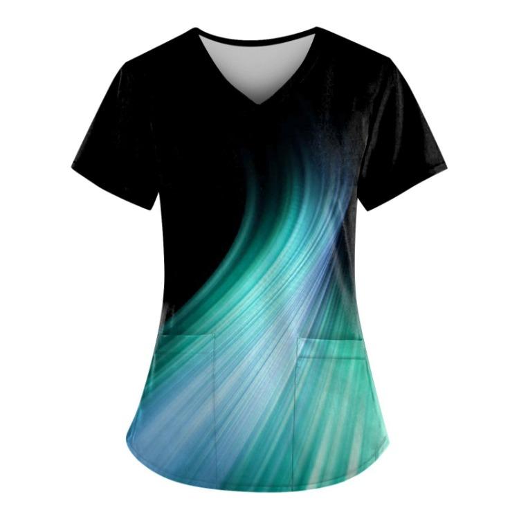 Plus Size Women's V-Neck Short Sleeve Work Scrub Top With Pockets Fun Printed Tee For Working Uniform T-Shirt