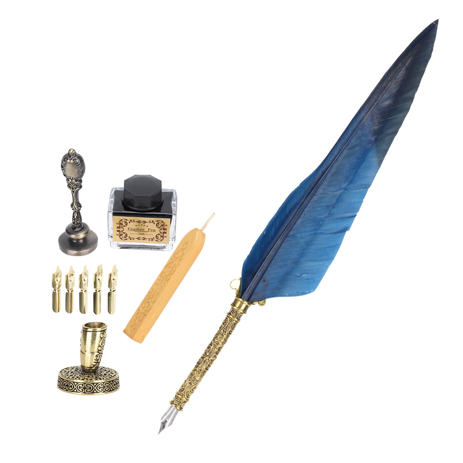 

Quill Pen Set Feather Writing Drawing Dip Pen Students Teacher Antique Calligraphy Vintage GiftBlue