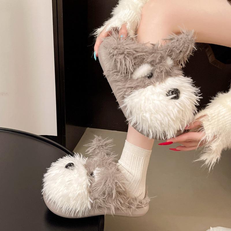 Cute plush slippers scribbled puppy cotton slippers women s winter indoor non-slip warm half pack with plush confinement shoes 36-37